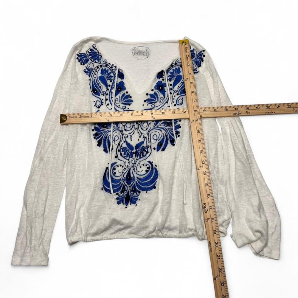 Ins Beach Y2K Sequin Beaded 100% Linen Light Weight Soft Long Sleeve Top Size L - Picture 3 of 5